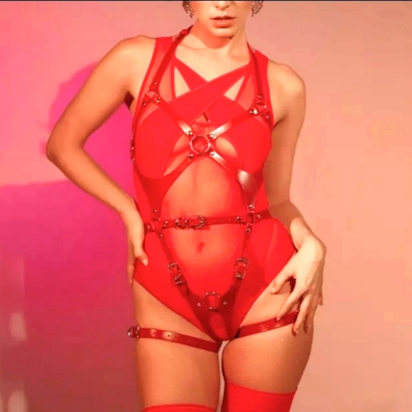 LINGERIE BODYSUIT SEXY MESH PATCHWORK RED - Picture 3 of 3